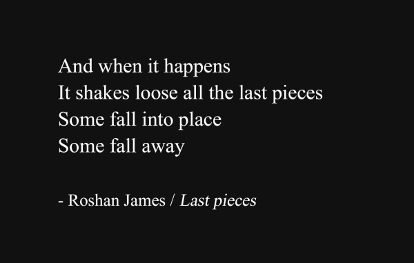 "Last pieces" - poetry by Roshan James, Wellesley, Ontario, Canada